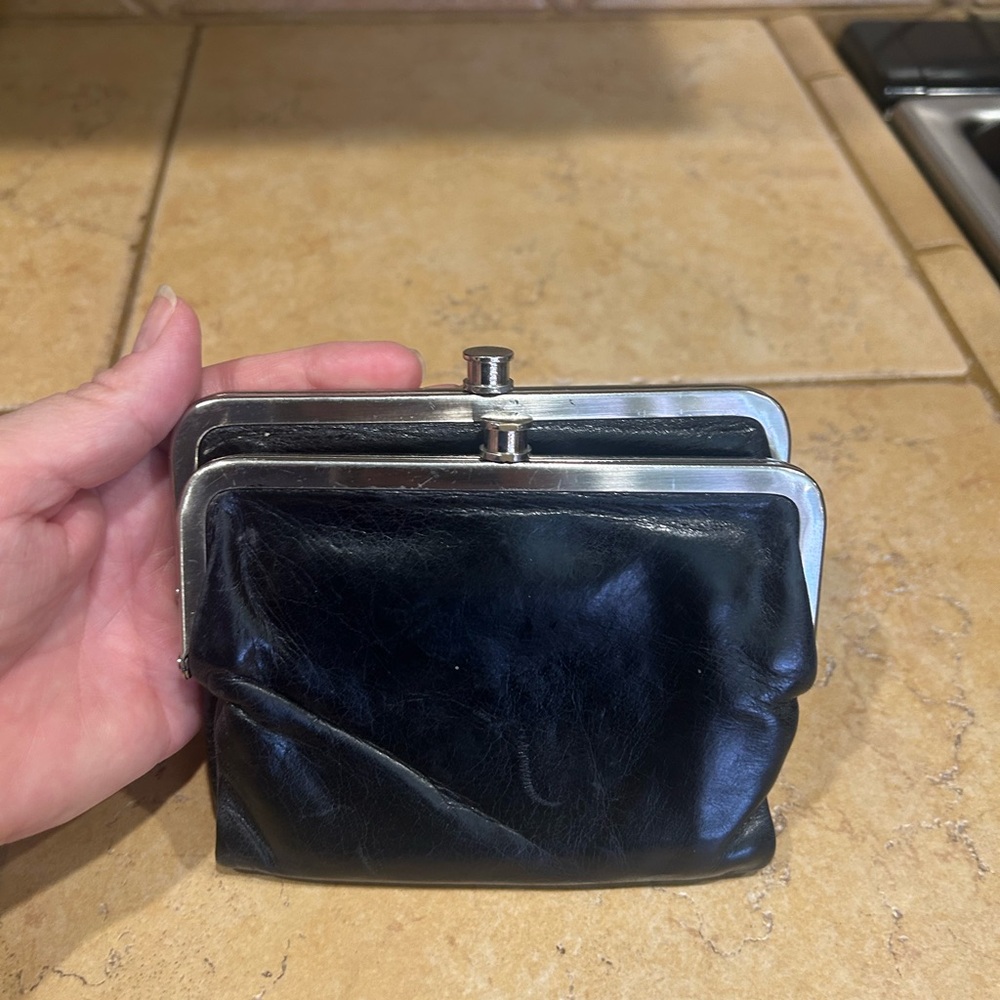 HOBO Mini Lauren Black Leather double frame (Silver) with Kiss Locks. Rare.
